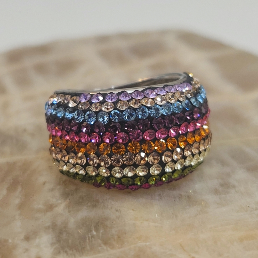Rainbow Rhinestone Sterling Silver Thick Band Ring Size 5 US
